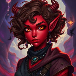 A female tiefling character, 30 years old, with vibrant red skin that glows with an otherworldly charm