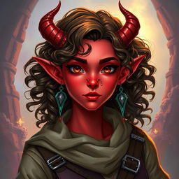 A female tiefling character, 30 years old, with vibrant red skin that glows with an otherworldly charm