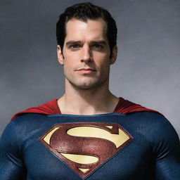 A realistic image of Henry Cavill in the distinctive Kingdom Come Superman costume, complete with the black 'S' emblem and slightly gray hair at the temples.