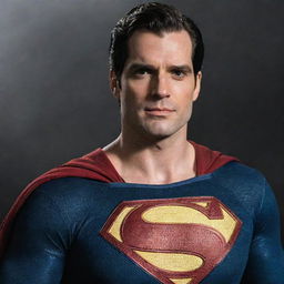 A realistic image of Henry Cavill in the distinctive Kingdom Come Superman costume, complete with the black 'S' emblem and slightly gray hair at the temples.