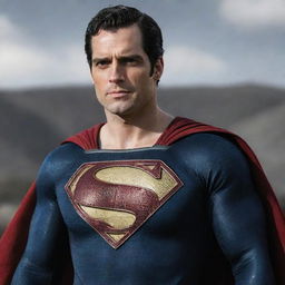 A realistic image of Henry Cavill in the distinctive Kingdom Come Superman costume, complete with the black 'S' emblem and slightly gray hair at the temples.