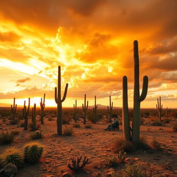 A vast semi-arid landscape in Brazil under a large orange sky, filled with dramatic clouds at sunset