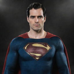 A realistic image of Henry Cavill in the distinctive Kingdom Come Superman costume, complete with the black 'S' emblem and slightly gray hair at the temples.