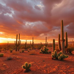 A vast semi-arid landscape in Brazil under a large orange sky, filled with dramatic clouds at sunset