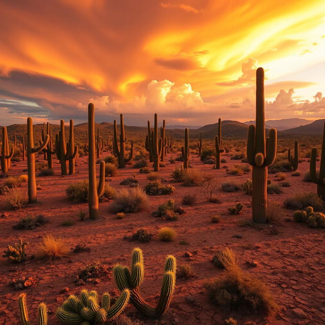 A vast semi-arid landscape in Brazil under a large orange sky, filled with dramatic clouds at sunset