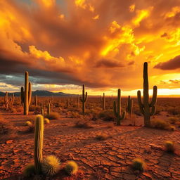 A vast semi-arid landscape in Brazil under a large orange sky, filled with dramatic clouds at sunset