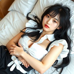 A 20-year-old Chinese girl depicted as a teenage model wearing a stylish maid outfit, featuring unbuttoned details that reveal a hint of wet cleavage