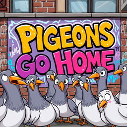 A group of cartoon-style pigeons with expressive eyes and playful postures, curiously gazing at a graffiti-covered wall