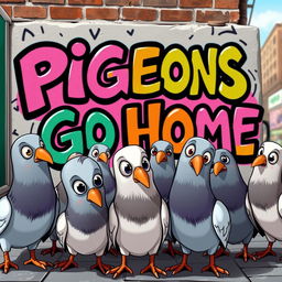 A group of cartoon-style pigeons with expressive eyes and playful postures, curiously gazing at a graffiti-covered wall