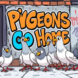 A group of cartoon-style pigeons with expressive eyes and playful postures, curiously gazing at a graffiti-covered wall