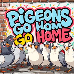 A group of cartoon-style pigeons with expressive eyes and playful postures, curiously gazing at a graffiti-covered wall