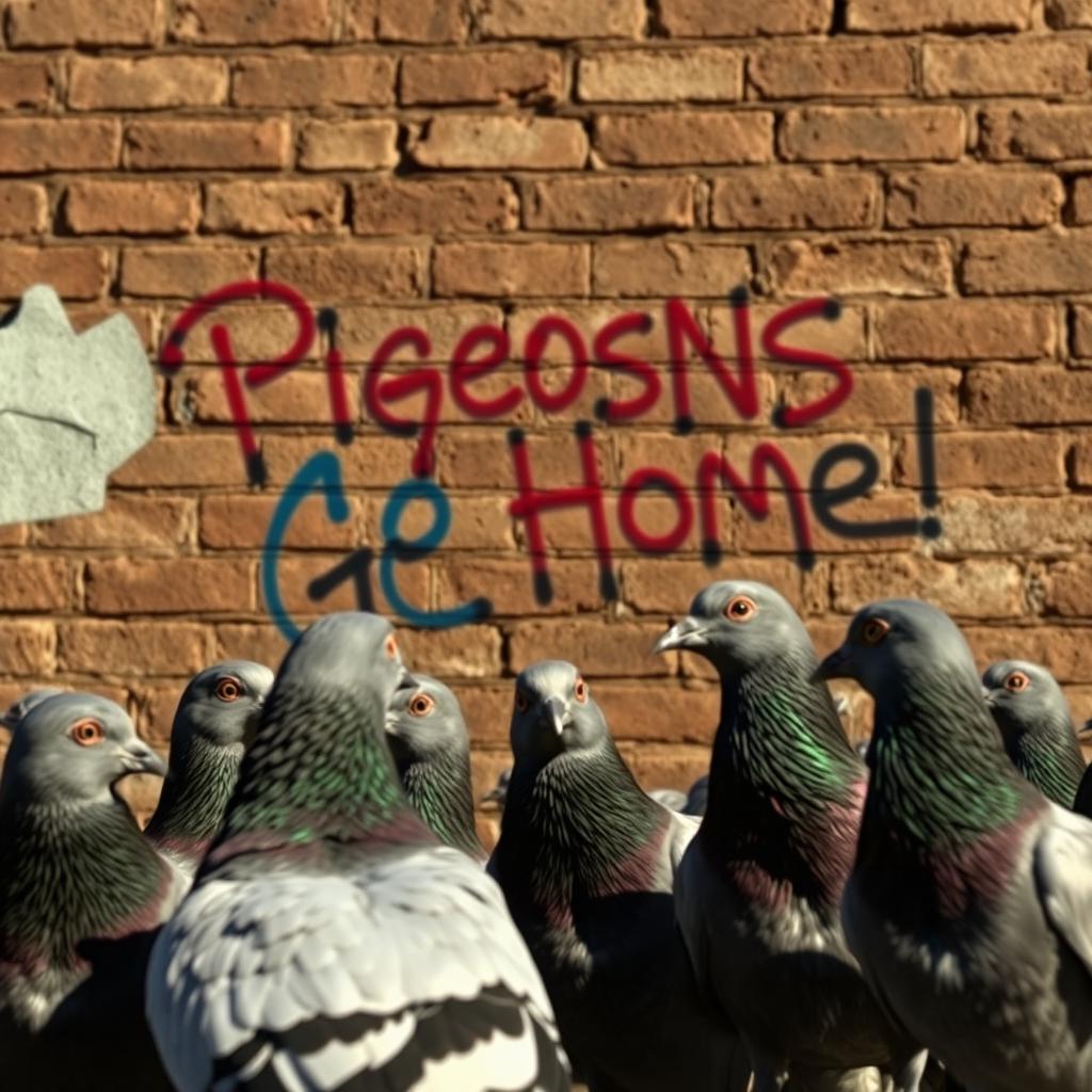 A realistic scene depicting a group of lifelike pigeons gathered in front of a textured brick wall, intently observing a colorful graffiti inscription that reads "Pigeons Go Home"