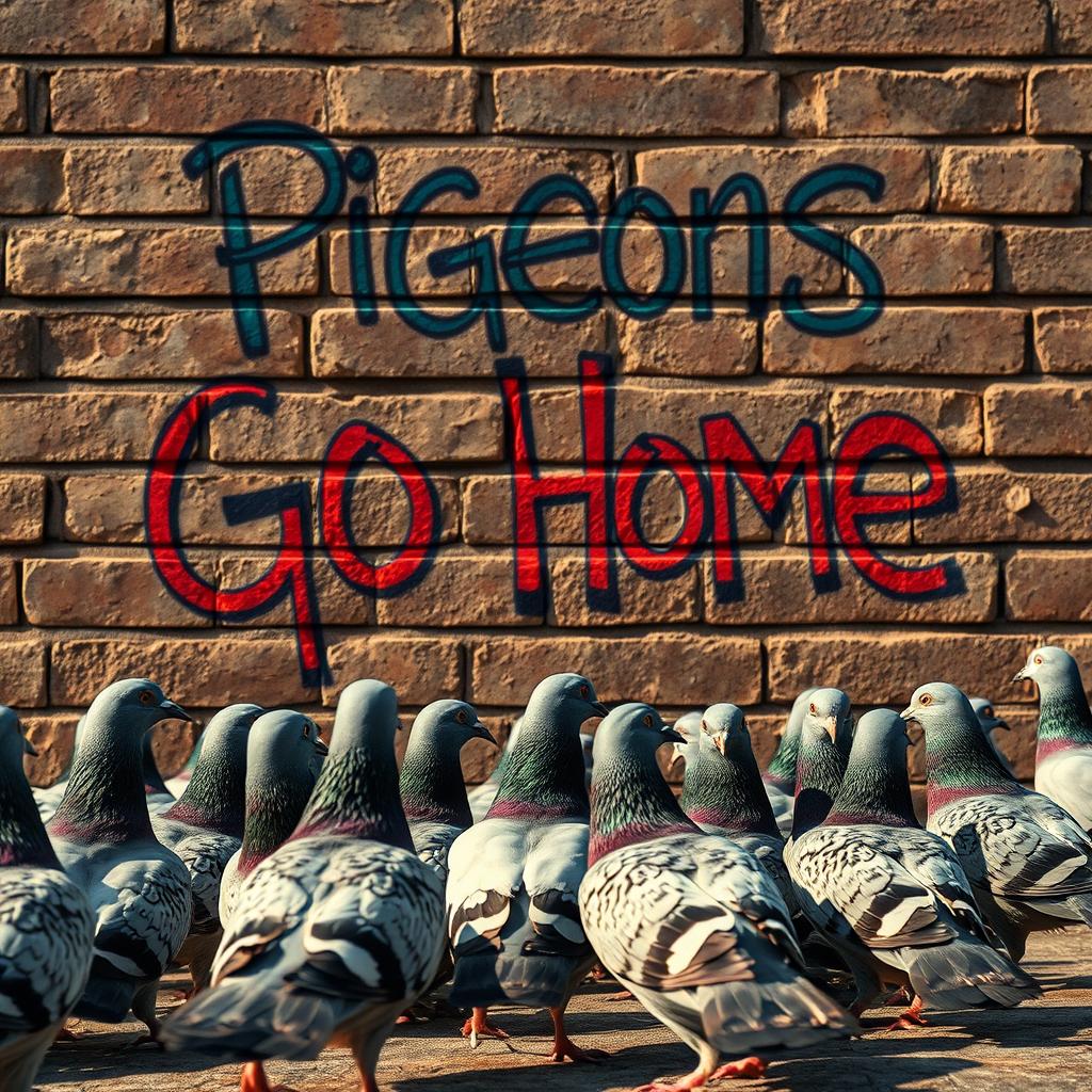 A realistic scene depicting a group of lifelike pigeons gathered in front of a textured brick wall, intently observing a colorful graffiti inscription that reads "Pigeons Go Home"