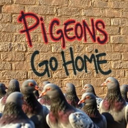 A realistic scene depicting a group of lifelike pigeons gathered in front of a textured brick wall, intently observing a colorful graffiti inscription that reads "Pigeons Go Home"