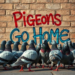 A realistic scene depicting a group of lifelike pigeons gathered in front of a textured brick wall, intently observing a colorful graffiti inscription that reads "Pigeons Go Home"