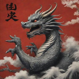 A striking image of a traditional Japanese dragon, with the Kanji character for 'dragon' (竜) incorporated into the scene