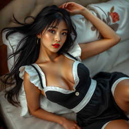 A captivating scene featuring a 20-year-old Chinese female model dressed in a stylish maid outfit, which is alluringly unbuttoned, revealing a hint of her wet cleavage