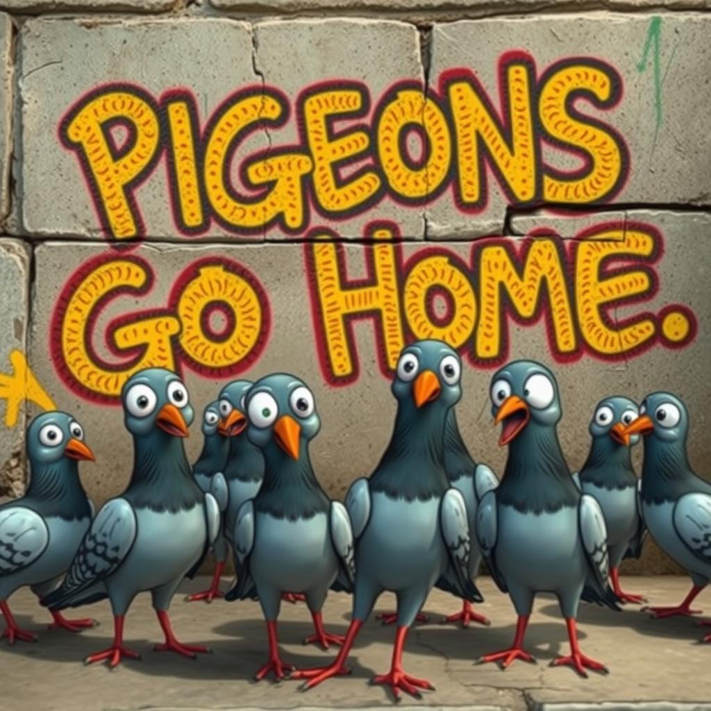 A whimsical yet realistic scene featuring a group of cartoon-style pigeons with exaggerated features, such as oversized eyes and playful expressions, gathered in front of a graffiti-covered wall