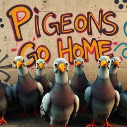 A whimsical yet realistic scene featuring a group of cartoon-style pigeons with exaggerated features, such as oversized eyes and playful expressions, gathered in front of a graffiti-covered wall