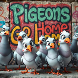 A whimsical yet realistic scene featuring a group of cartoon-style pigeons with exaggerated features, such as oversized eyes and playful expressions, gathered in front of a graffiti-covered wall