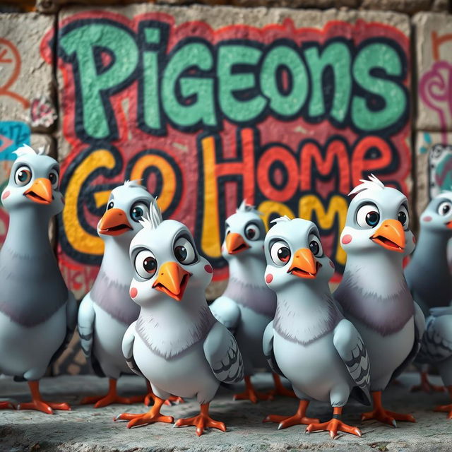 A whimsical yet realistic scene featuring a group of cartoon-style pigeons with exaggerated features, such as oversized eyes and playful expressions, gathered in front of a graffiti-covered wall