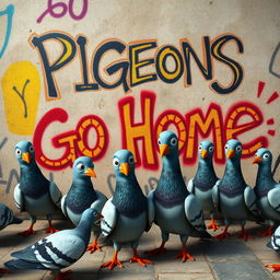 A whimsical yet realistic scene featuring a group of cartoon-style pigeons with exaggerated features, such as oversized eyes and playful expressions, gathered in front of a graffiti-covered wall