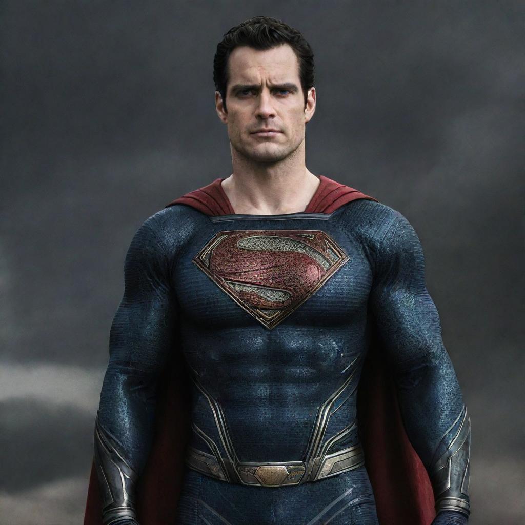 An imposing image of Henry Cavill donning the armor-clad suit of Injustice Superman, complete with the red and gold emblem on his chest.