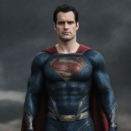 An imposing image of Henry Cavill donning the armor-clad suit of Injustice Superman, complete with the red and gold emblem on his chest.