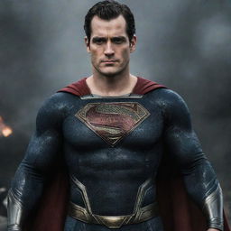 An imposing image of Henry Cavill donning the armor-clad suit of Injustice Superman, complete with the red and gold emblem on his chest.