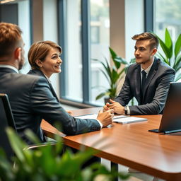 A Ukrainian recruiter sitting at a professional office desk during a job interview, engaging with a candidate