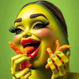 A lively and engaging image of a feminine avocado featuring big luscious lips and long elegant eyelashes