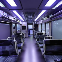 The interior of a penitentiary bus, characterized by its individual high-security compartments, camera surveillance systems, and sturdy, minimalistic seating.