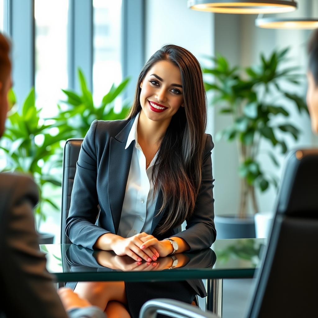 A sexy young Ukrainian female recruiter at a job interview, exuding confidence and charm