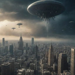 A suspenseful scene of alien invasion on Earth, with extraterrestrials descending in their advanced spacecrafts, cities in panic, and chaos unfolding.