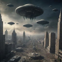 A suspenseful scene of alien invasion on Earth, with extraterrestrials descending in their advanced spacecrafts, cities in panic, and chaos unfolding.