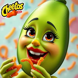 An engaging and fun depiction of a feminine avocado with big luscious lips and long, fluttery eyelashes, capturing her in a playful moment as she eats flaming hot Cheetos