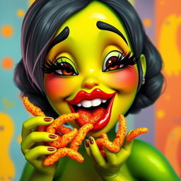 An engaging and fun depiction of a feminine avocado with big luscious lips and long, fluttery eyelashes, capturing her in a playful moment as she eats flaming hot Cheetos