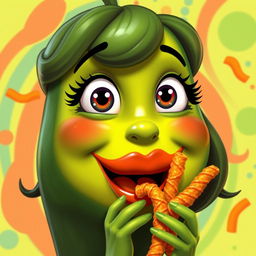 An engaging and fun depiction of a feminine avocado with big luscious lips and long, fluttery eyelashes, capturing her in a playful moment as she eats flaming hot Cheetos