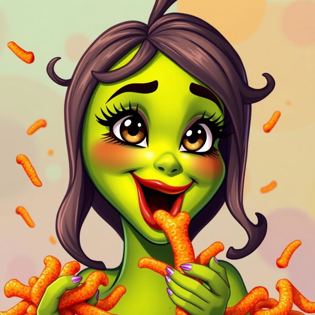 An engaging and fun depiction of a feminine avocado with big luscious lips and long, fluttery eyelashes, capturing her in a playful moment as she eats flaming hot Cheetos