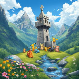 A chess rook depicted as a sturdy fortress-like structure, nestled in a scenic mountainous landscape filled with lush greenery and rocky peaks