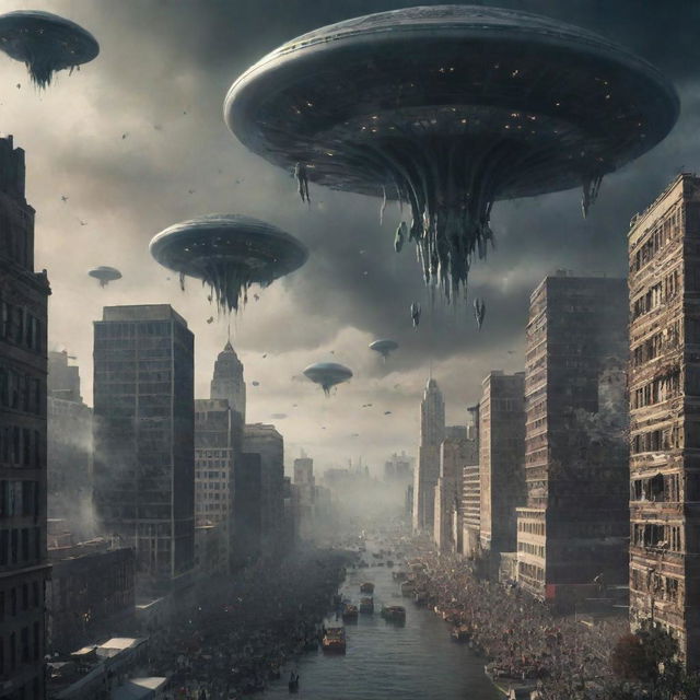 A suspenseful scene of alien invasion on Earth, with extraterrestrials descending in their advanced spacecrafts, cities in panic, and chaos unfolding.