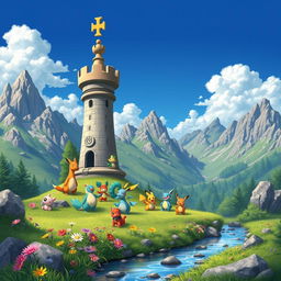 A chess rook depicted as a sturdy fortress-like structure, nestled in a scenic mountainous landscape filled with lush greenery and rocky peaks