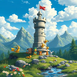 A chess rook depicted as a sturdy fortress-like structure, nestled in a scenic mountainous landscape filled with lush greenery and rocky peaks