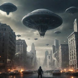 A suspenseful scene of alien invasion on Earth, with extraterrestrials descending in their advanced spacecrafts, cities in panic, and chaos unfolding.