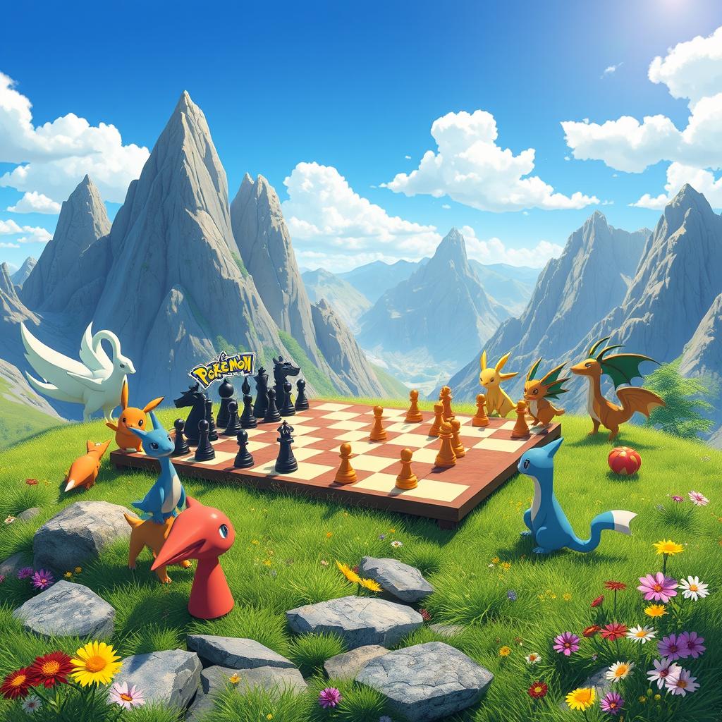 A chess board set in a picturesque mountainous Pokémon scenario, with the board laid out on a grassy plateau surrounded by towering, jagged mountains