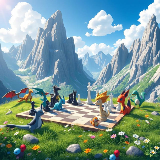 A chess board set in a picturesque mountainous Pokémon scenario, with the board laid out on a grassy plateau surrounded by towering, jagged mountains