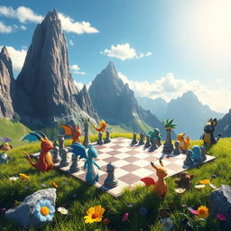 A chess board set in a picturesque mountainous Pokémon scenario, with the board laid out on a grassy plateau surrounded by towering, jagged mountains