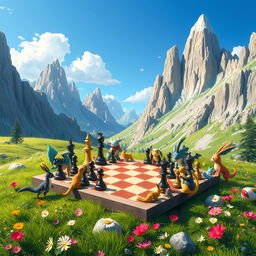 A chess board set in a picturesque mountainous Pokémon scenario, with the board laid out on a grassy plateau surrounded by towering, jagged mountains