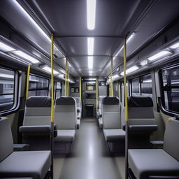 The interior of a penitentiary bus, characterized by its individual high-security compartments, camera surveillance systems, and sturdy, minimalistic seating.