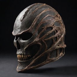 A menacing helmet characterized by an organic, visceral design that showcases rich textures, like sinew and muscle. The helmet should project a sense of powerful and eerie beauty.